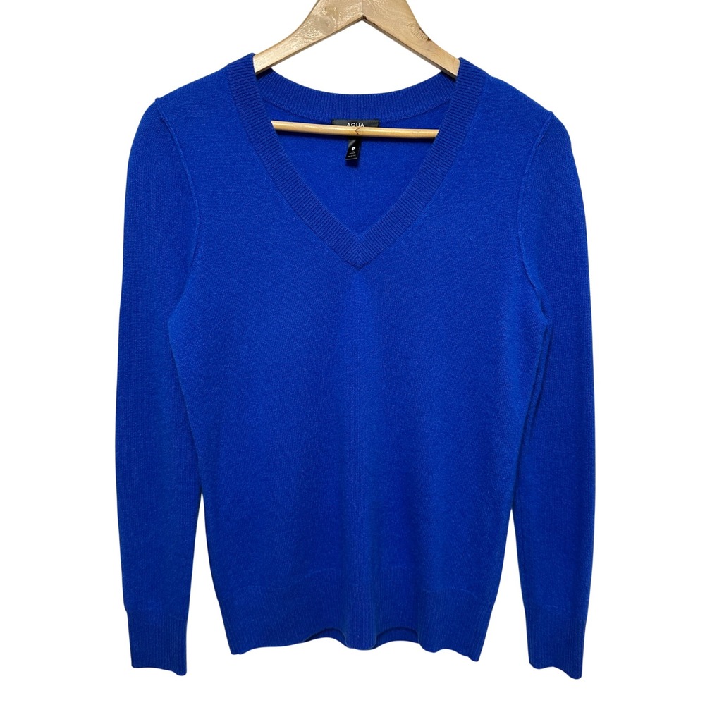 AQUA Cashmere Sweater Women Small Cobalt Blue V-Neck Long Sleeve Pullover Luxury